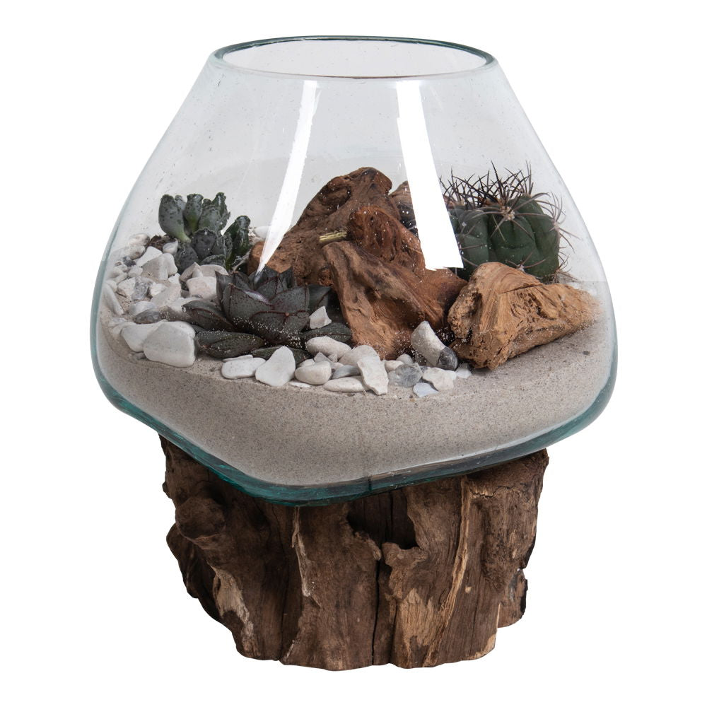 Glasobjekt auf Teakholz, natur, H20 cm